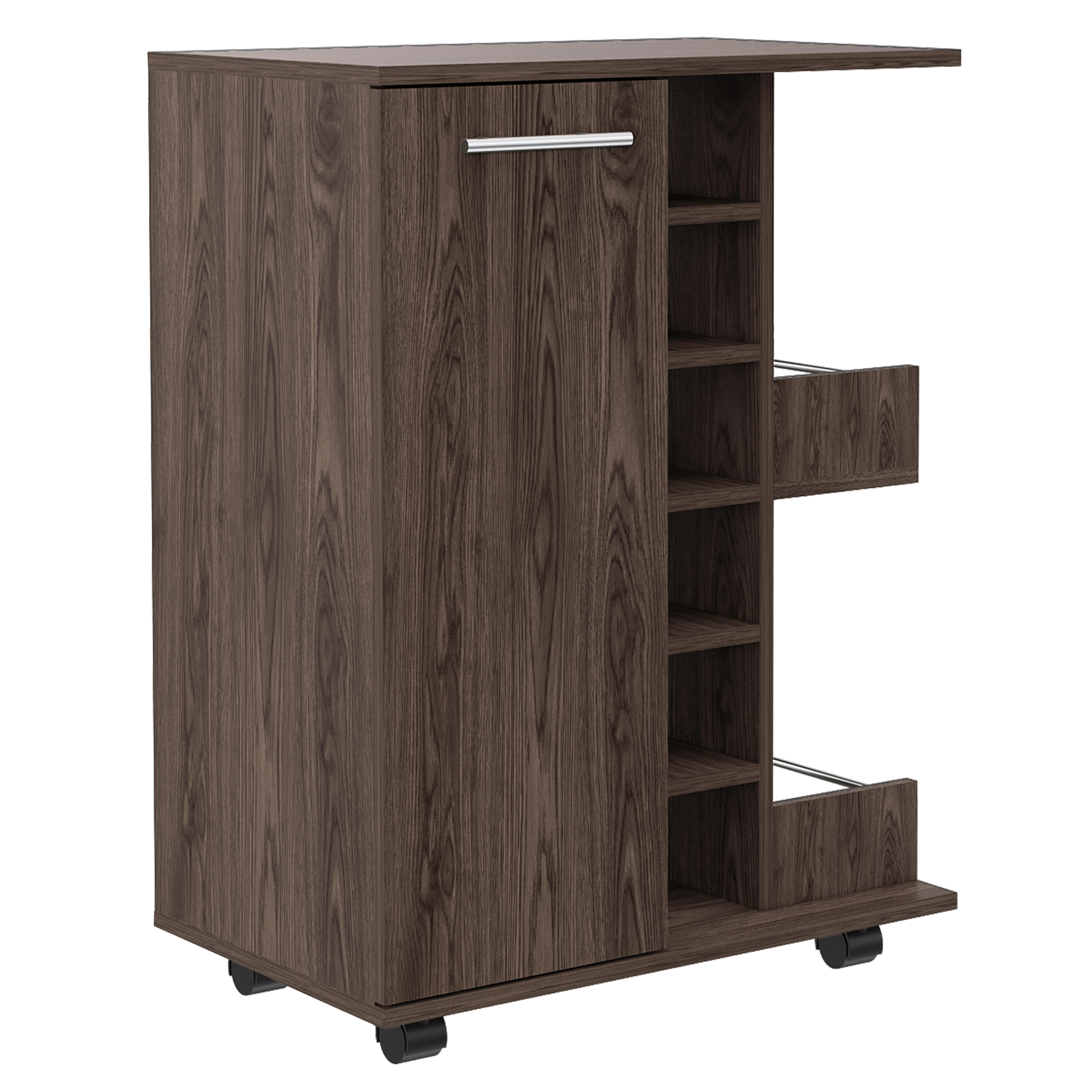 Bar Cart, Two External Shelves, Four Casters, Six Built-in Wine Rack, Single Door Cabinet -Dark Walnut